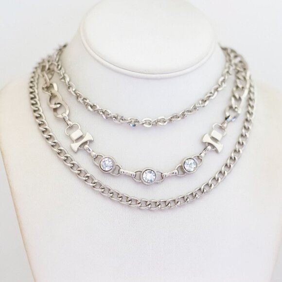 14 inch, Vintage Chains Clear Rhinestones Multiple Laces Choker Necklace - V27 - Picture 1 of 3